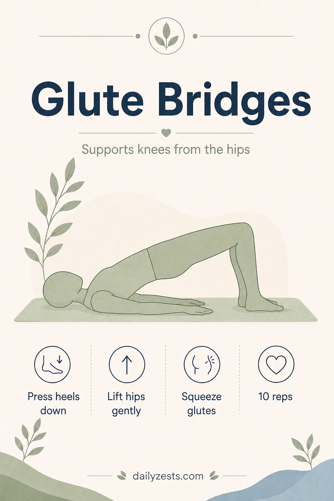 Person lying on a mat lifting the hips into a glute bridge to support knee alignment.