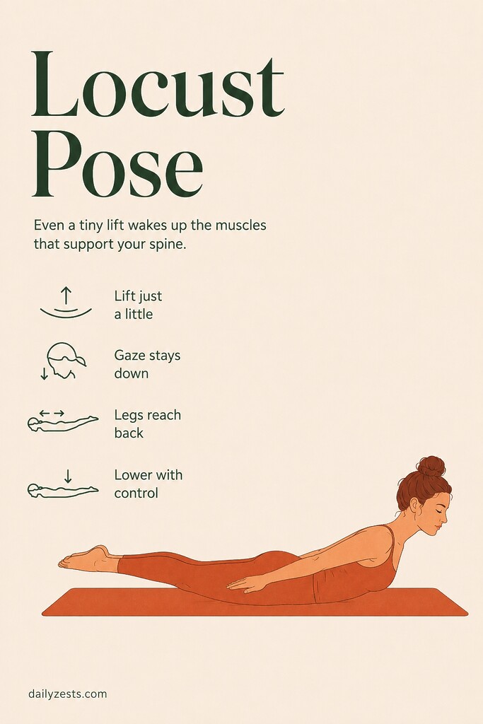 Person practicing Locust Pose by lifting the chest, arms, and legs slightly off the mat to strengthen the back.