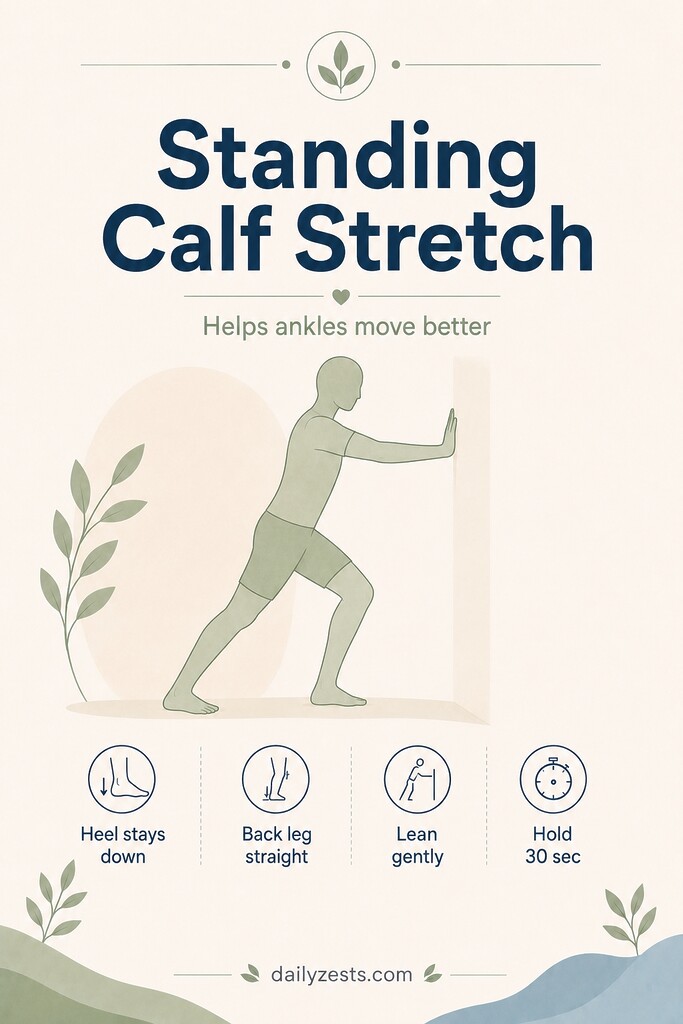 Person standing with hands on a wall stretching the back calf with the heel pressed down.