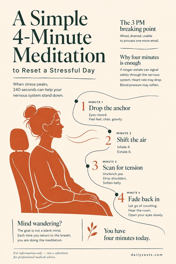 Four-minute meditation infographic for resetting stress, with steps to ground, breathe, release tension, and return calmly.