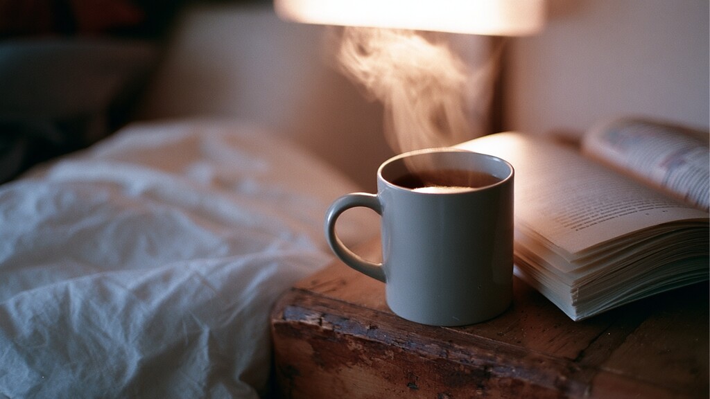 A warm mug of herbal tea resting on a nightstand beside a book