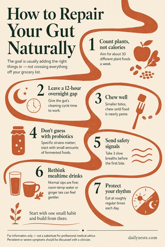 Infographic outlining 7 natural gut-support habits, including plant variety, overnight fasting, chewing well, probiotics, calm eating, gentle drinks, and regular meals.