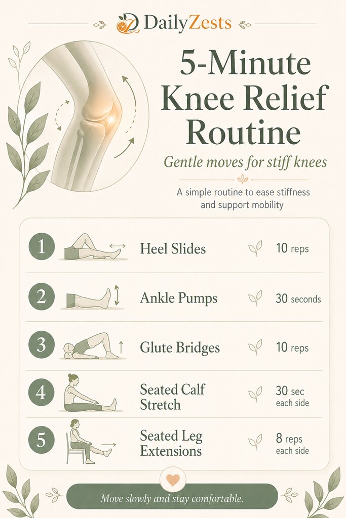 Infographic showing a 5-minute morning knee relief routine with gentle exercises to ease stiffness and support mobility.