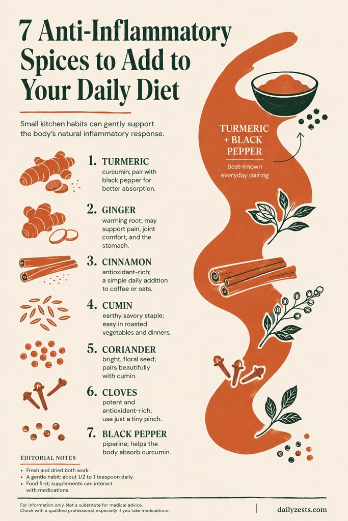Minimal editorial infographic showing seven anti-inflammatory spices: turmeric, ginger, cinnamon, cumin, coriander, cloves, and black pepper.