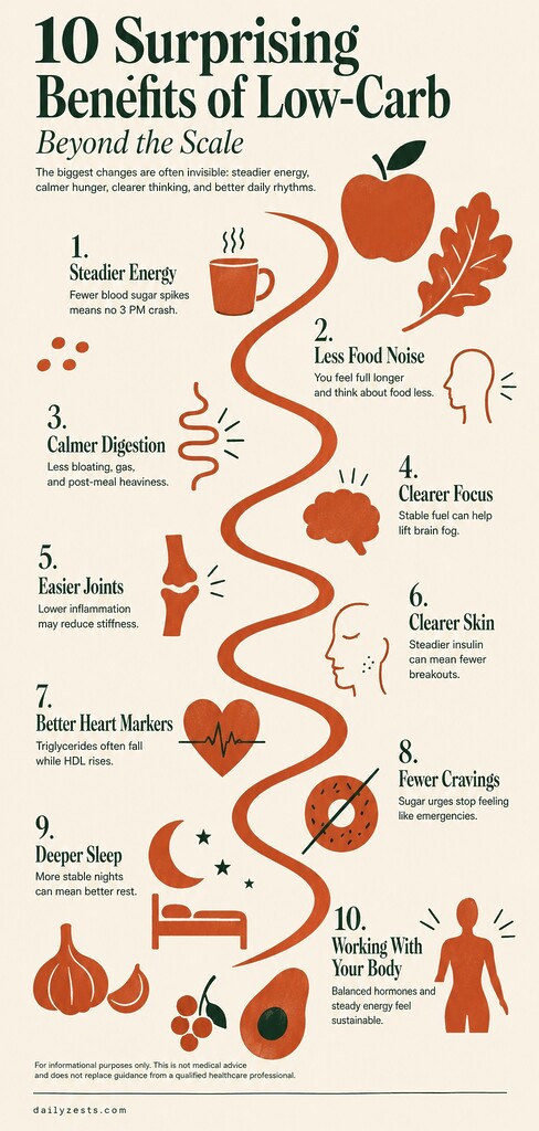 Editorial illustration summarizing 10 low-carb benefits beyond weight loss, including steady energy, fewer cravings, calmer digestion, clearer focus, better sleep, skin, joints, and heart markers.