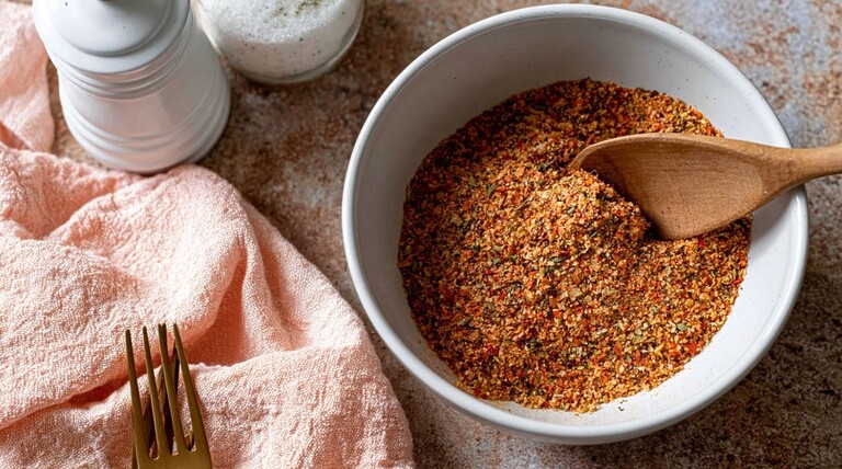 A white bowl filled with a colorful spice seasoning blend, with a wooden spoon resting inside, on a textured countertop beside a pink cloth and fork.