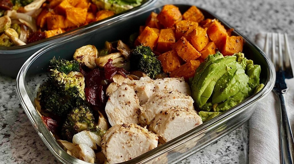 A healthy meal prep container with sliced chicken breast, roasted sweet potatoes, broccoli, onions, and avocado on a kitchen countertop.