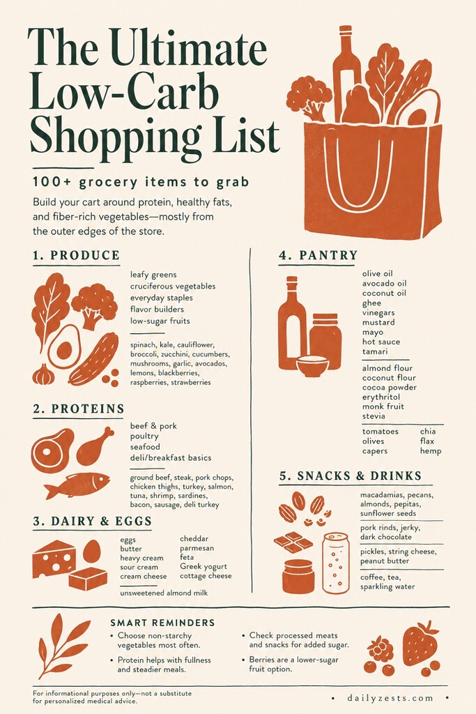 Editorial low-carb grocery shopping list graphic with flat terracotta food illustrations and categorized sections for produce, proteins, dairy, pantry staples, snacks, and drinks.
