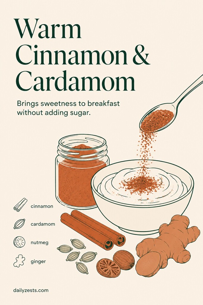 A small open glass jar of warm cinnamon and cardamom spice blend beside Greek yogurt, cinnamon sticks, nutmeg, ginger, and a spoon.