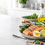 10 Surprising Benefits of Low-Carb (Beyond the Scale) Healthy meal with grilled salmon, avocado, egg, broccoli, greens, berries, nuts, and olive oil on a kitchen counter.
