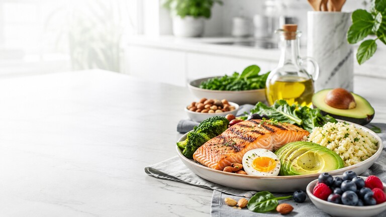 Healthy meal with grilled salmon, avocado, egg, broccoli, greens, berries, nuts, and olive oil on a kitchen counter.