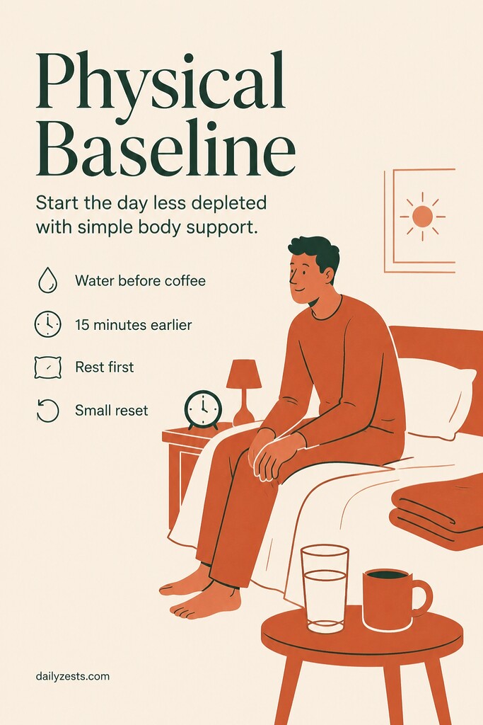 A calm bedside scene shows water, an earlier bedtime cue, and a rested person beginning a simple self care routine focused on hydration and sleep.