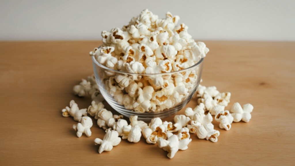 Popcorn: Glass bowl of popcorn with pieces scattered around it on a wooden table.
