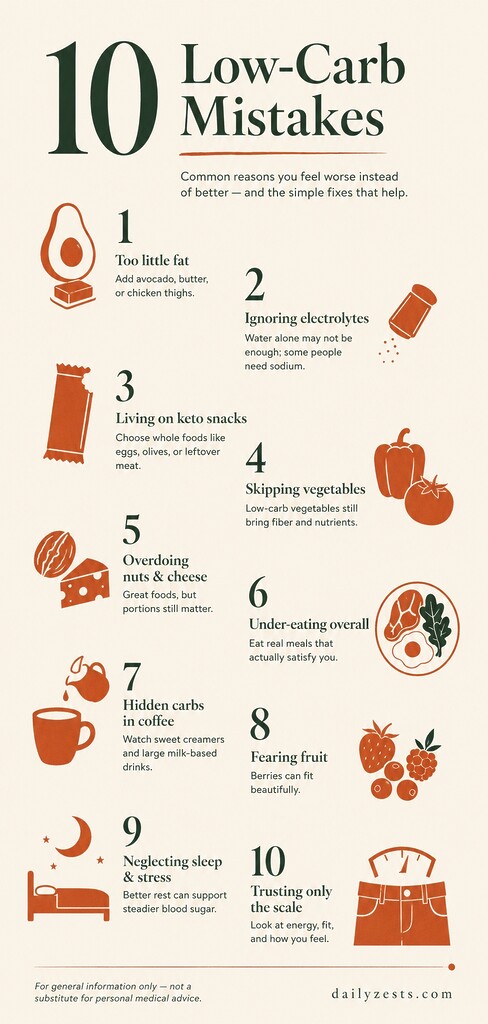 Infographic listing 10 low-carb diet mistakes and simple fixes, including fat intake, electrolytes, vegetables, hidden carbs, sleep, and scale focus.