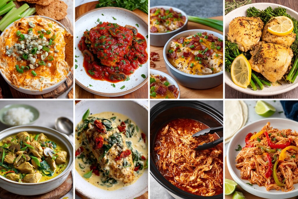 Diabetes-conscious chicken dinner collage with shredded slow cooker chicken, creamy spinach chicken, curry, and lemon broccoli plates