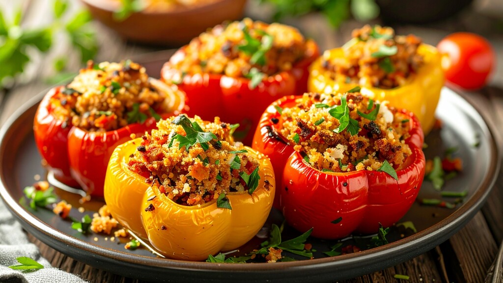 Baked stuffed bell peppers with crumb topping and fresh parsley.