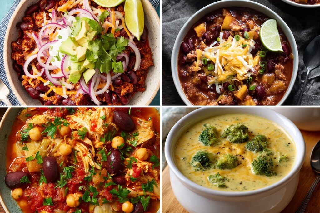Collage of diabetes-friendly slow cooker soups with chili, bean stew, chicken soup, and broccoli cheese soup.