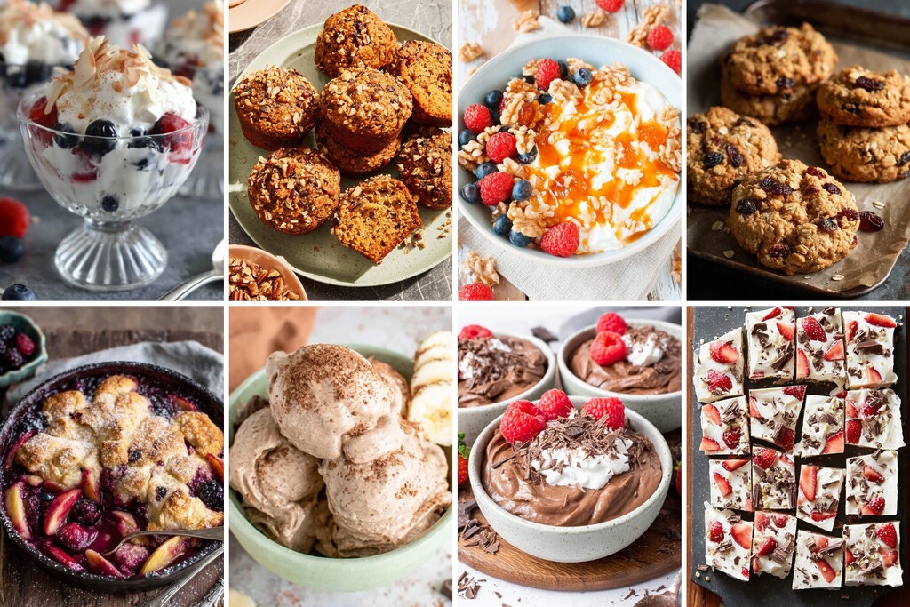 Collection of gut-friendly desserts including berry yogurt, muffins, cookies, fruit cobbler, mousse and frozen bark