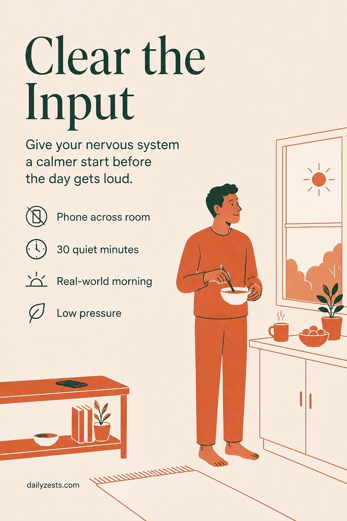 A person starts the morning away from their phone, making breakfast near a window during a quiet screen-free self care routine.