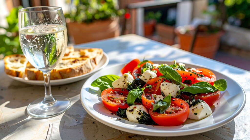 Caprese salad with tomatoes, mozzarella, basil, and black pepper on an outdoor table.