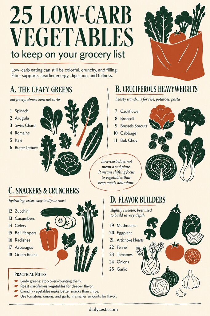 Editorial illustrated guide to 25 low-carb vegetables grouped as leafy greens, cruciferous vegetables, crunchy snack vegetables, and flavor builders.