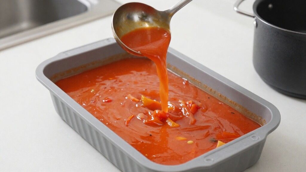 Pouring tomato vegetable soup into large silicone freezing trays on a kitchen counter