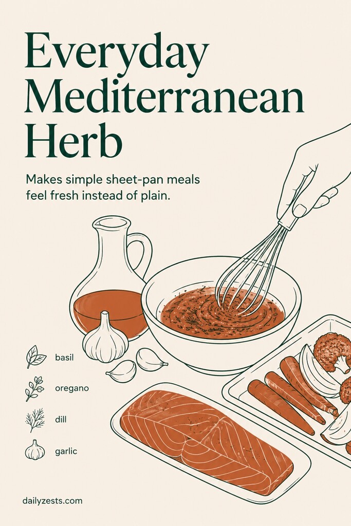 A Mediterranean herb blend of basil, oregano, dill, garlic, and onion powder being whisked into olive oil for a simple dressing.