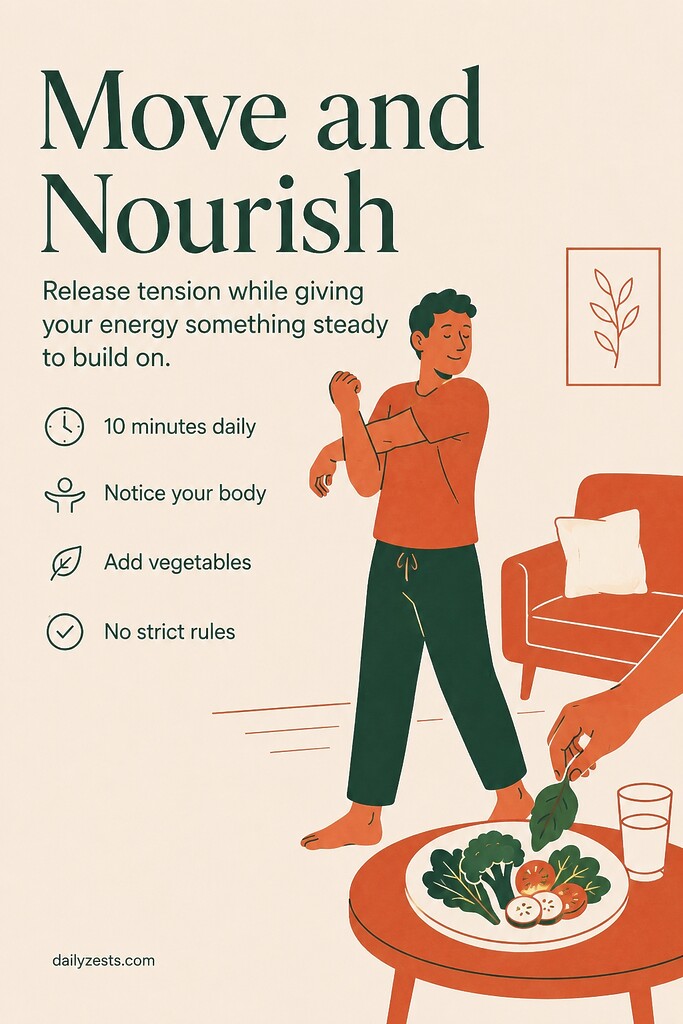 A person does gentle purposeful movement beside a nourishing plate of vegetables as part of a balanced self care routine.