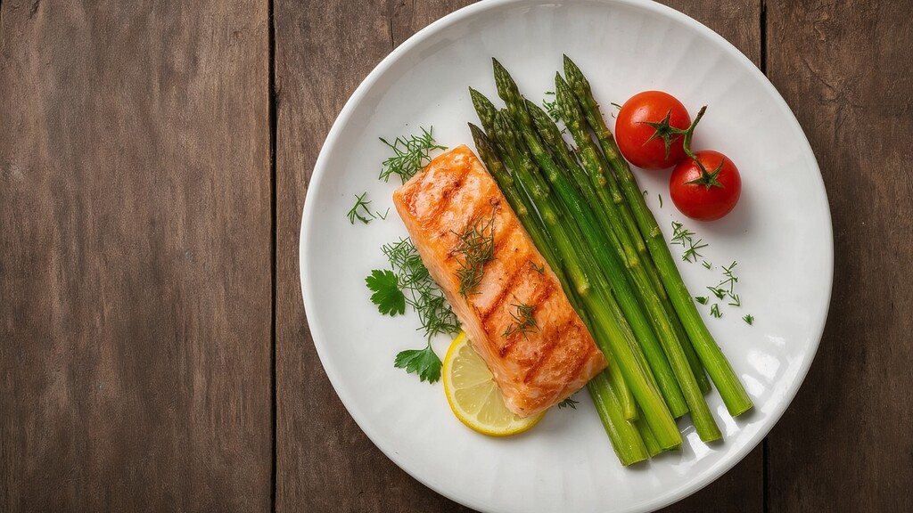 Salmon fillet served with asparagus, cherry tomatoes, lemon, and herbs on a white plate.