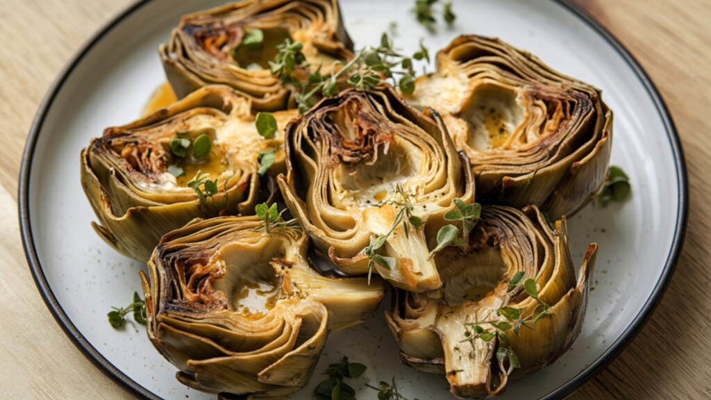 Roasted artichoke hearts with herbs.