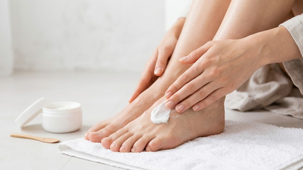 Person applying moisturizing cream to their foot on a white towel.
