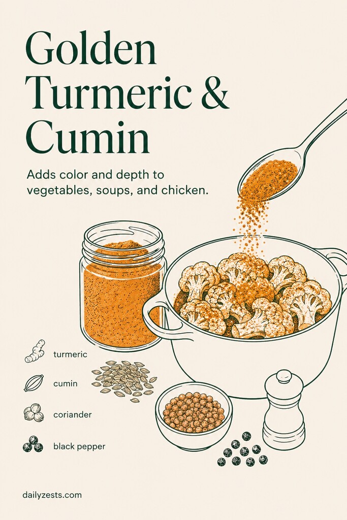 A golden turmeric and cumin spice blend with black pepper, coriander, cayenne, and roasted cauliflower florets.