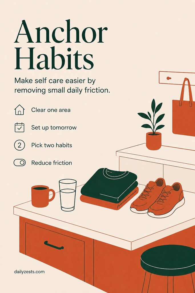A simplified kitchen counter and clothes set out for the next day show anchor habits that make daily self care easier to maintain.