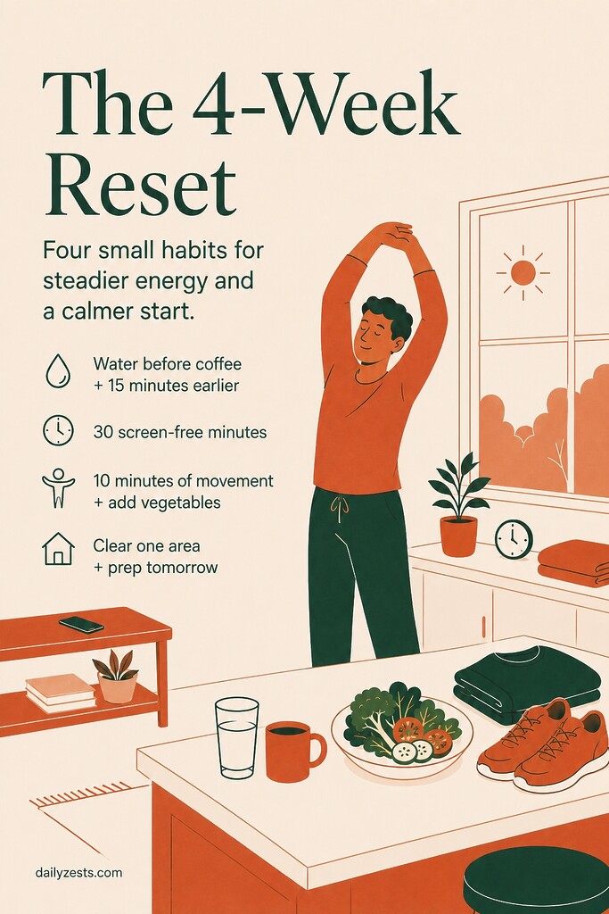 An editorial illustration summarizing a four week self care reset with water before coffee, screen-free morning time, gentle movement, vegetables, and a prepared home setup.