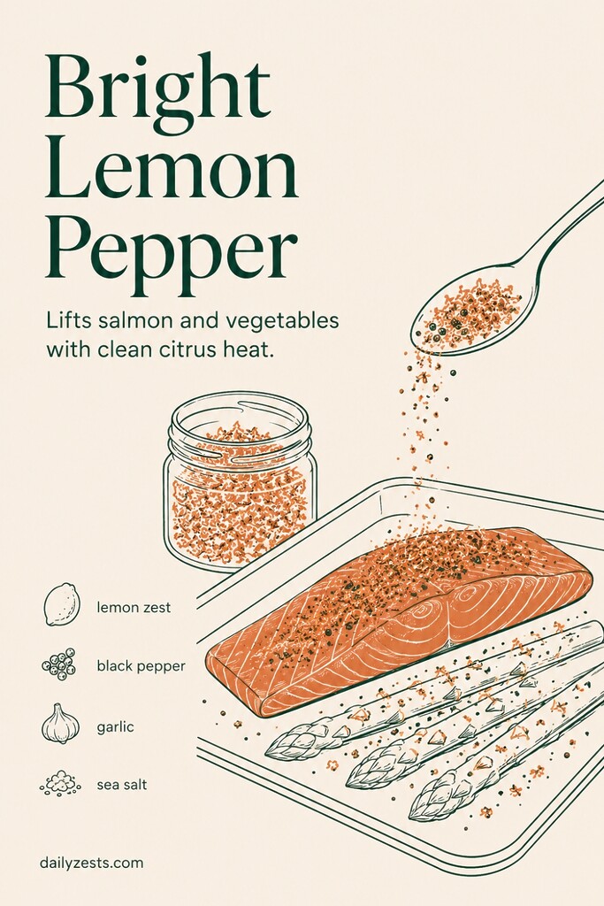 A bright lemon pepper seasoning blend with dried lemon zest, coarse black pepper, garlic powder, sea salt, and baked salmon.