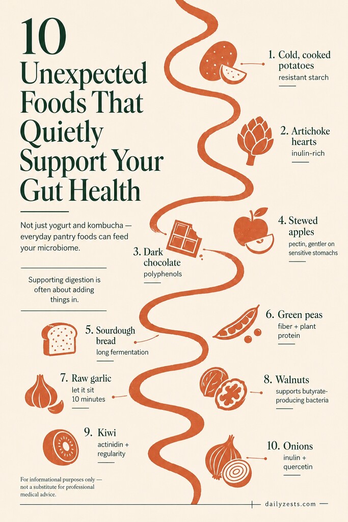 Infographic listing 10 unexpected foods that support gut health, including cold cooked potatoes, artichokes, dark chocolate, sourdough, garlic, walnuts, kiwi, and onions.