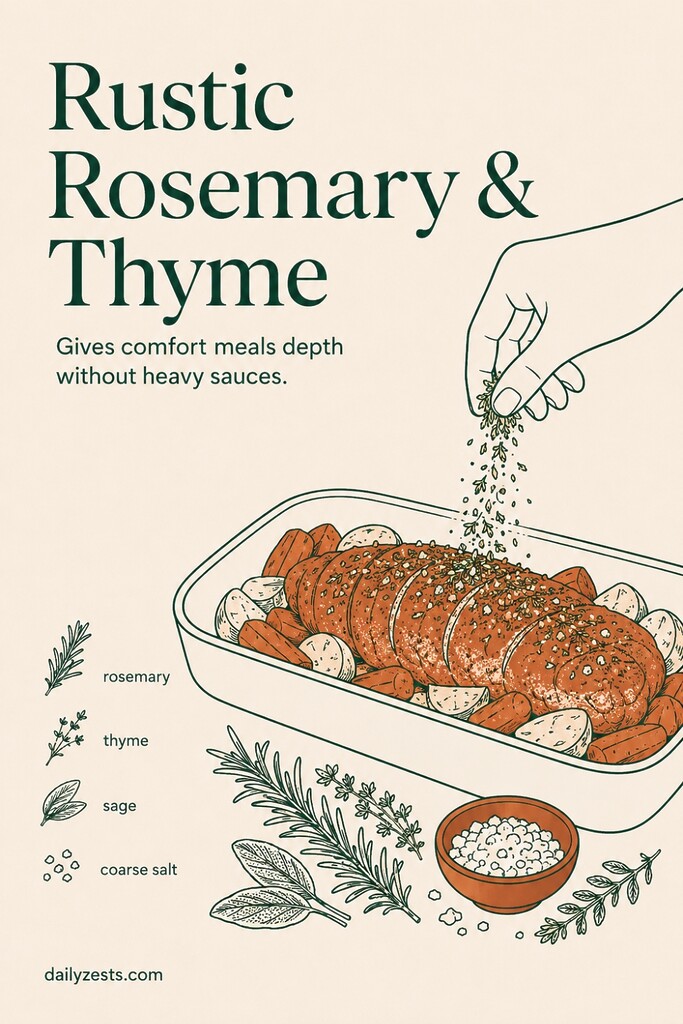 A rustic rosemary and thyme herb blend with sage and coarse salt beside roasted chicken and root vegetables.