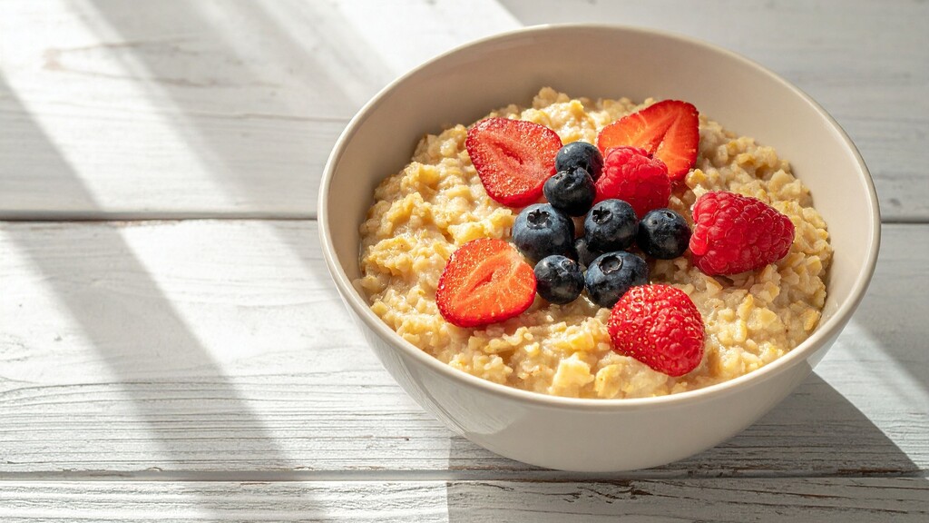 Bowl of oatmeal topped with strawberries, blueberries, and raspberries on a sunlit table.