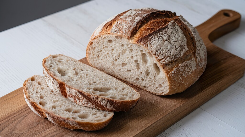 Sliced sourdough bread on a board.