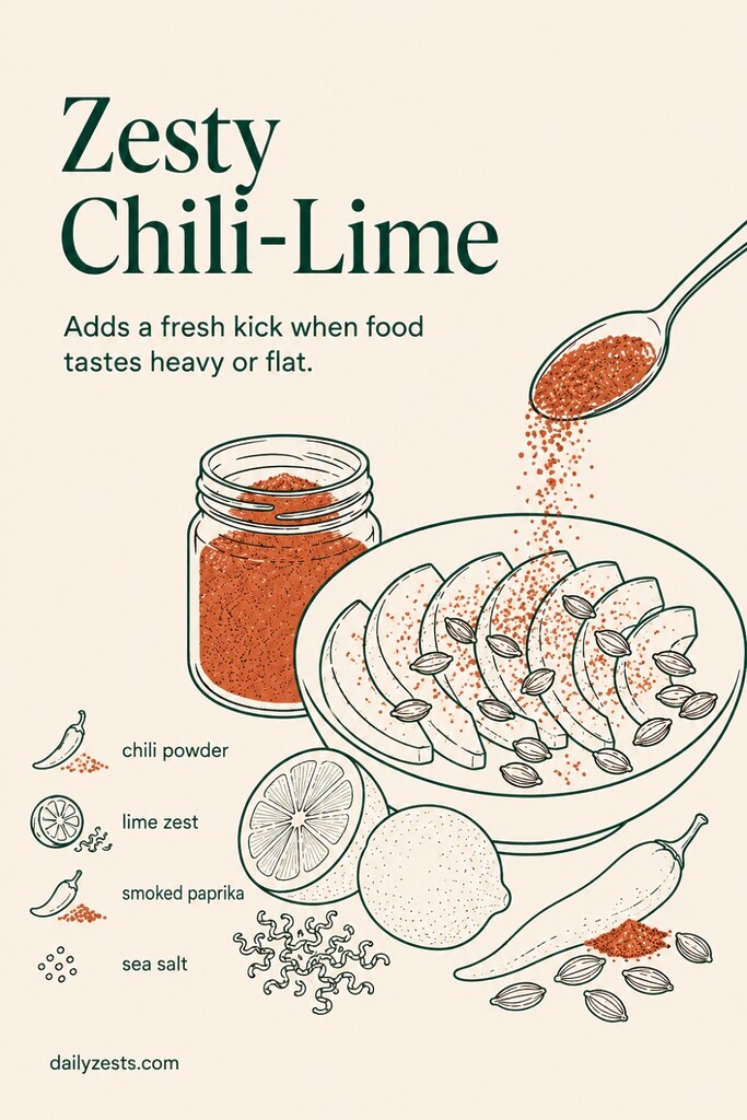 A zesty chili-lime seasoning blend with mild chili powder, dried lime zest, smoked paprika, sea salt, avocado slices, and pumpkin seeds.