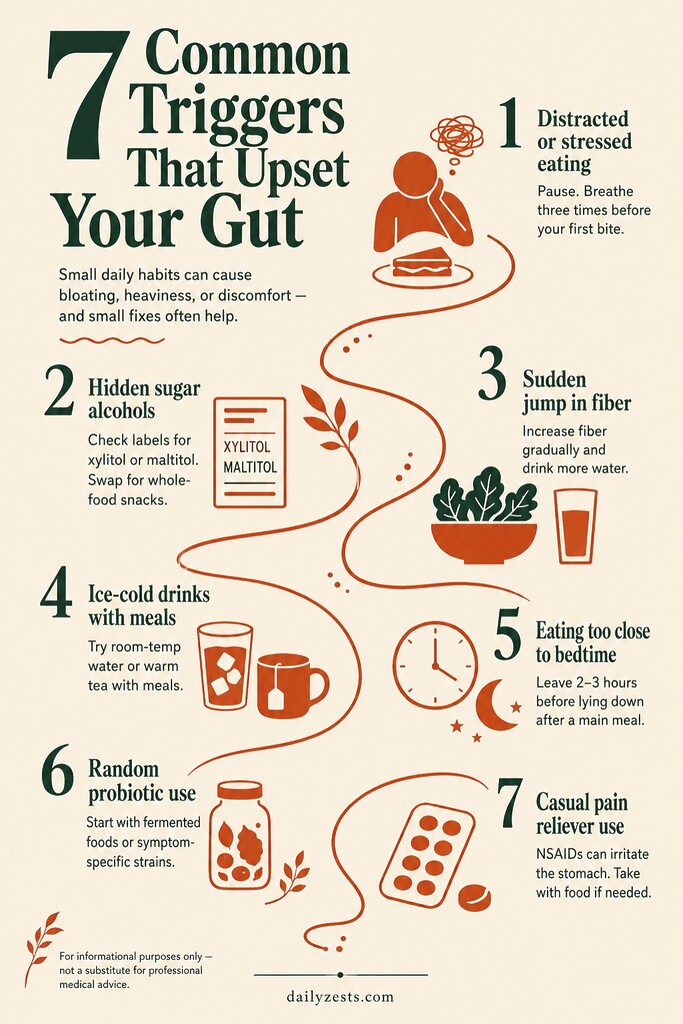 Infographic listing seven common gut triggers and simple fixes, including stressed eating, sugar alcohols, fiber changes, cold drinks, late meals, probiotics, and pain relievers.