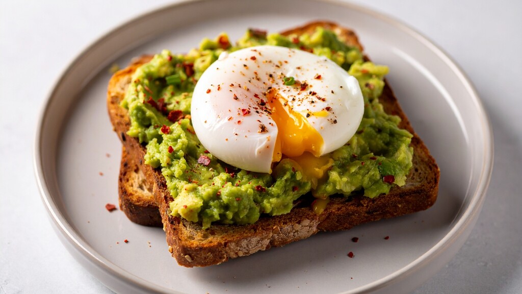 Avocado toast with egg: Slice of toast topped with mashed avocado, a poached egg, and red pepper flakes on a plate.