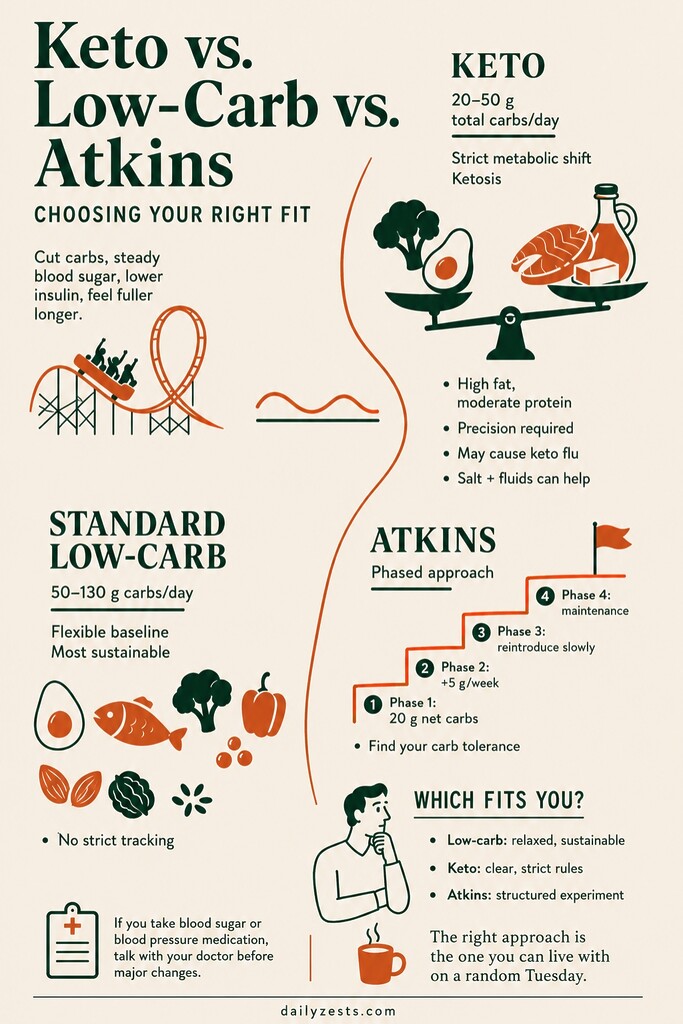 Editorial infographic comparing keto, standard low-carb, and Atkins diets, showing carb ranges, structure, benefits, trade-offs, and how to choose the best fit.