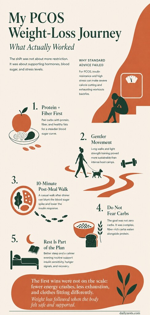 Editorial infographic summarizing a PCOS weight-loss journey, showing why restriction failed and highlighting five supportive habits: protein and fiber, gentle movement, post-meal walks, balanced carbs, and rest.