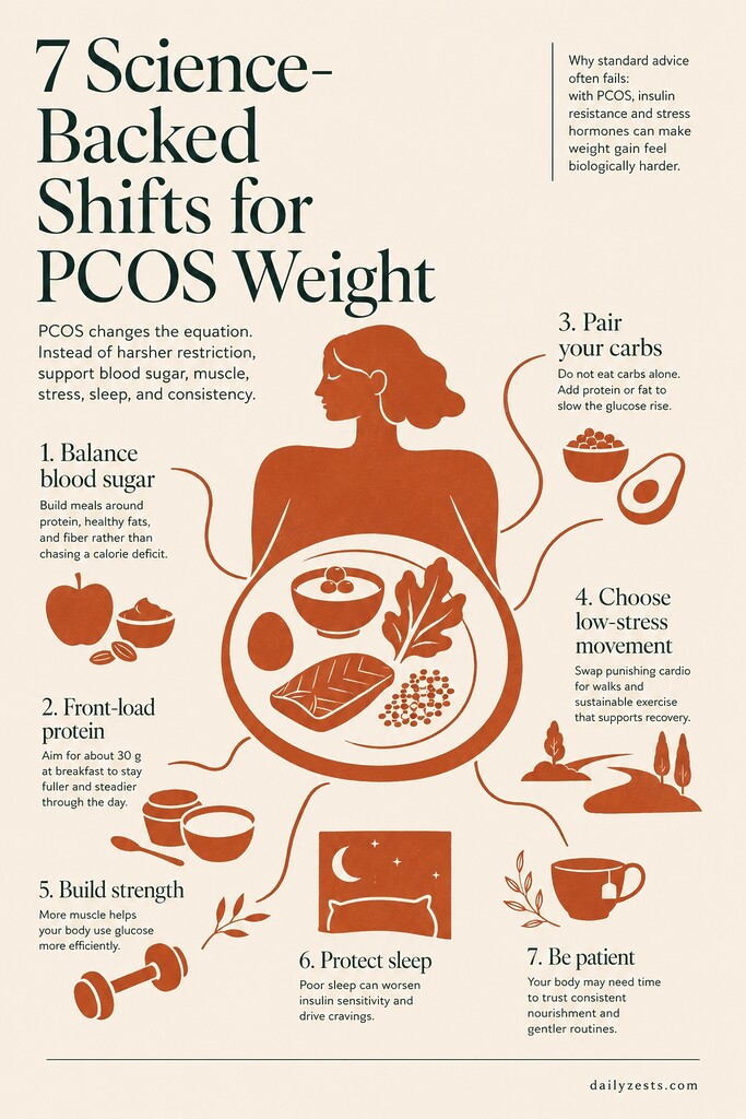 Editorial illustration summarizing seven science-backed PCOS weight management shifts, including blood sugar balance, protein, paired carbs, low-stress movement, strength, sleep, and patience.
