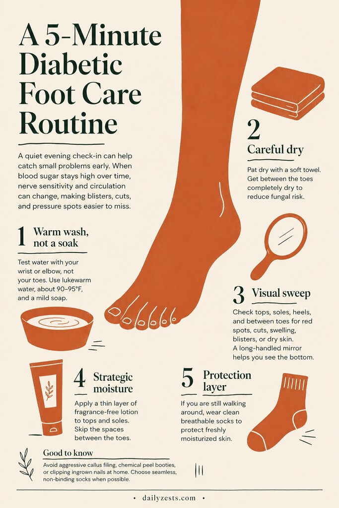 Editorial illustration summarizing a five-minute diabetic foot care routine, with five steps for washing, drying, inspecting, moisturizing, and protecting feet.