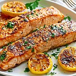 7 Foods to Gently Boost Your Metabolism After 40 Pan-seared salmon fillets with charred lemon slices and fresh parsley on a white platter.