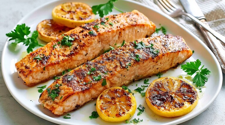 Pan-seared salmon fillets with charred lemon slices and fresh parsley on a white platter.