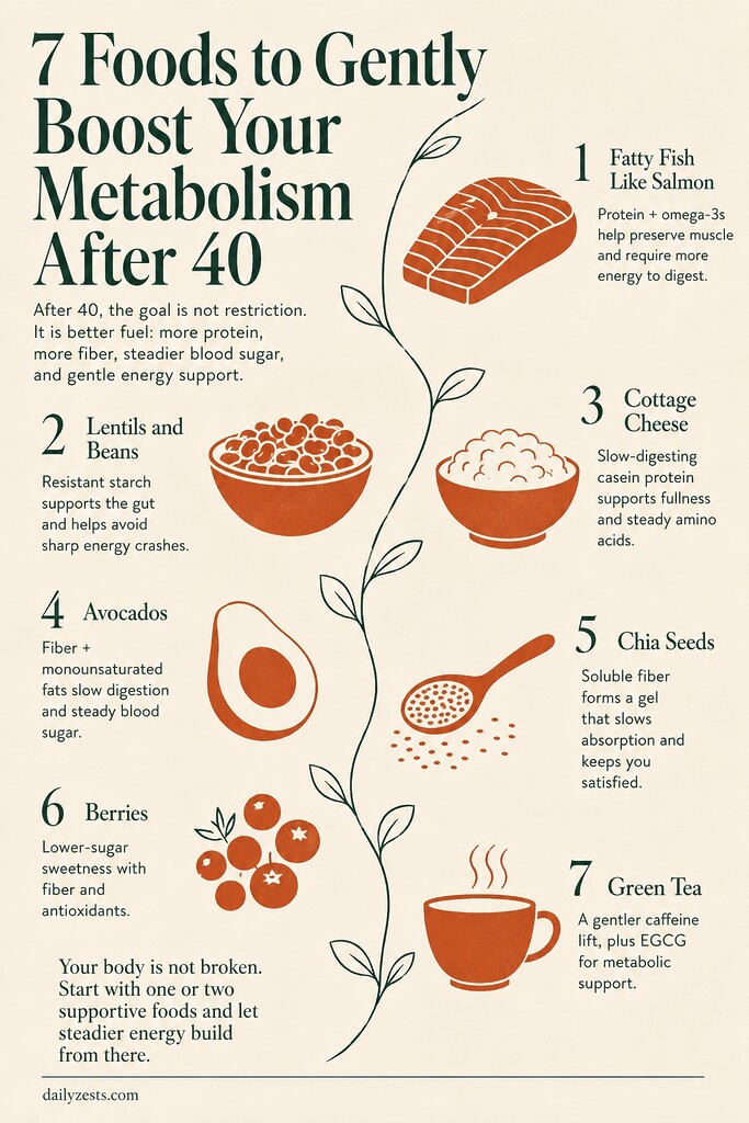 Editorial infographic summarizing seven metabolism-supporting foods after 40, including salmon, lentils, cottage cheese, avocado, chia seeds, berries, and green tea.
