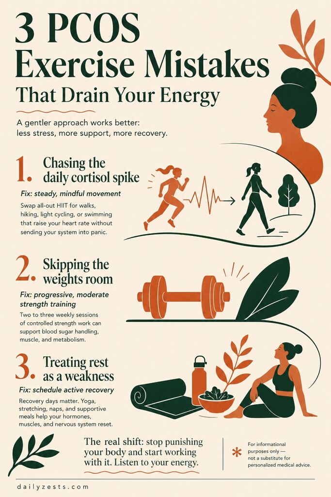 Editorial illustration summarizing three PCOS exercise mistakes: overdoing intense workouts, skipping strength training, and treating rest as weakness, with gentler fitness fixes for better energy.
